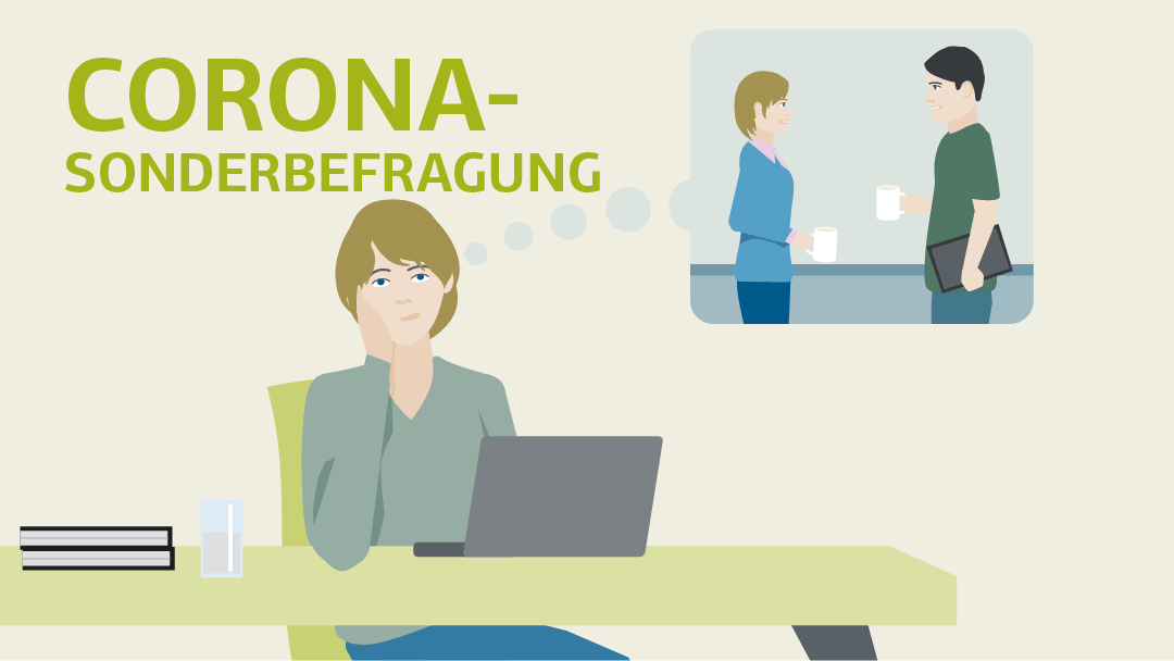 Illustration einer Mitarbeiterin im Home-Office, welche an die persönlichen Gespräche im Büro denkt