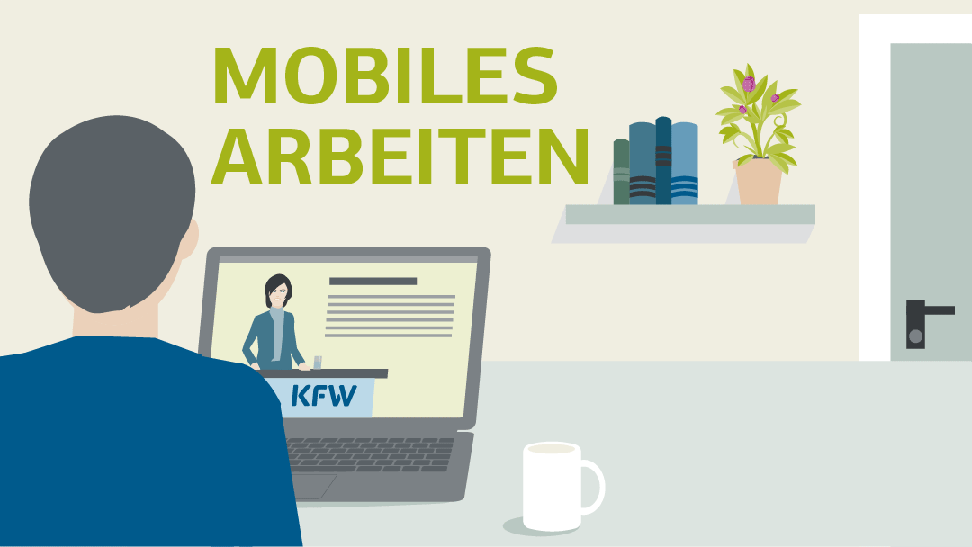 Illustration eines Mannes im Home-Office der an einem Online-Vortrag teilnimmt