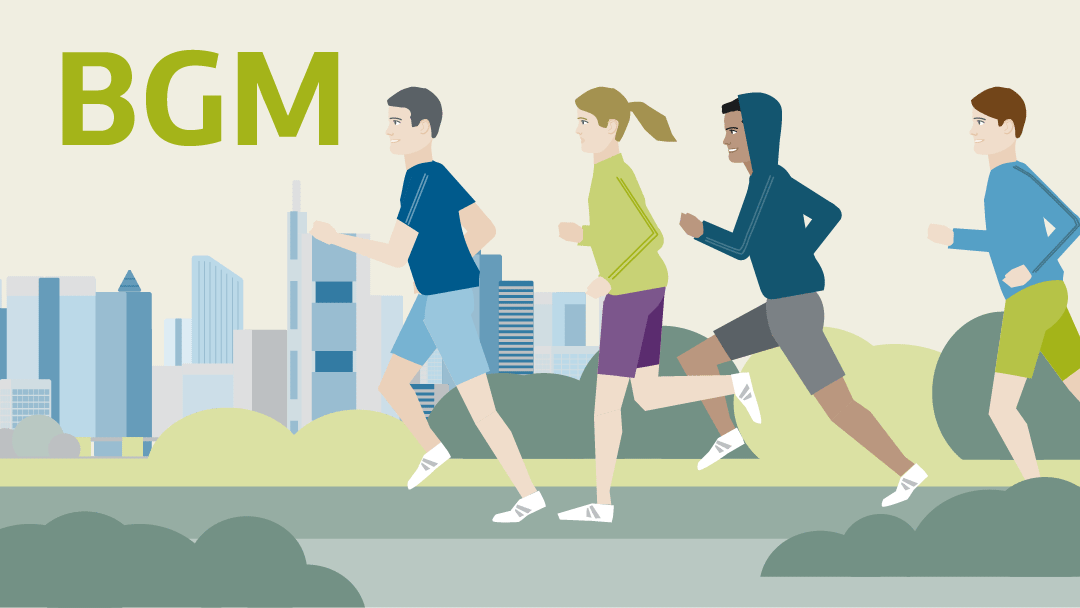 Illustration von fünf Personen die vor der Skyline einer Stadt joggen