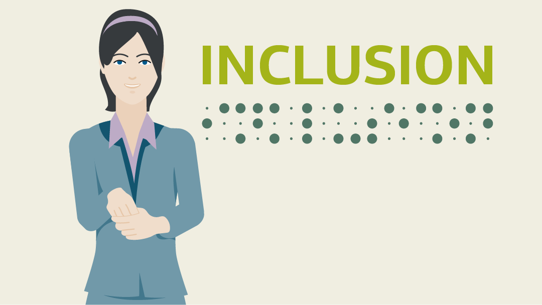 Illustration of a woman in a business suit performing the gesture for inclusion