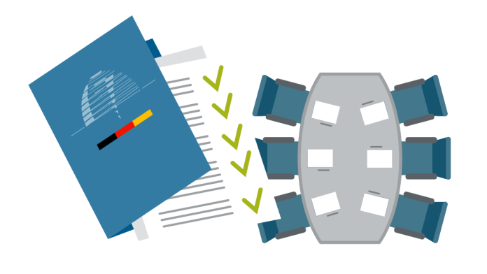 conference table from above next to a document with green checkmarks