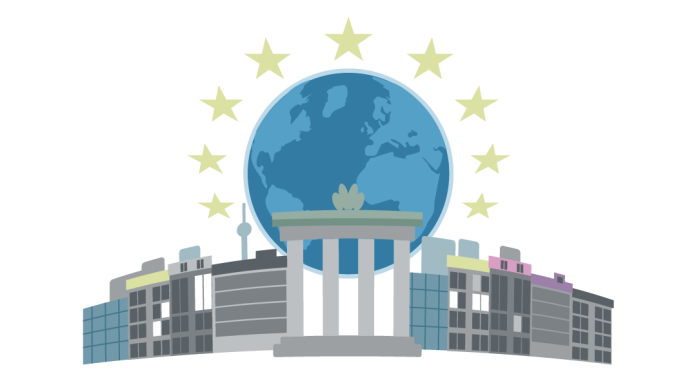 Illustration of a silhoutte with the Brandenburger Tor, a planet with stars around behind.