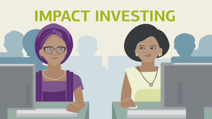 Illustration zum Thema Impact Investing: zwei junge Frauen arbeiten am Computer