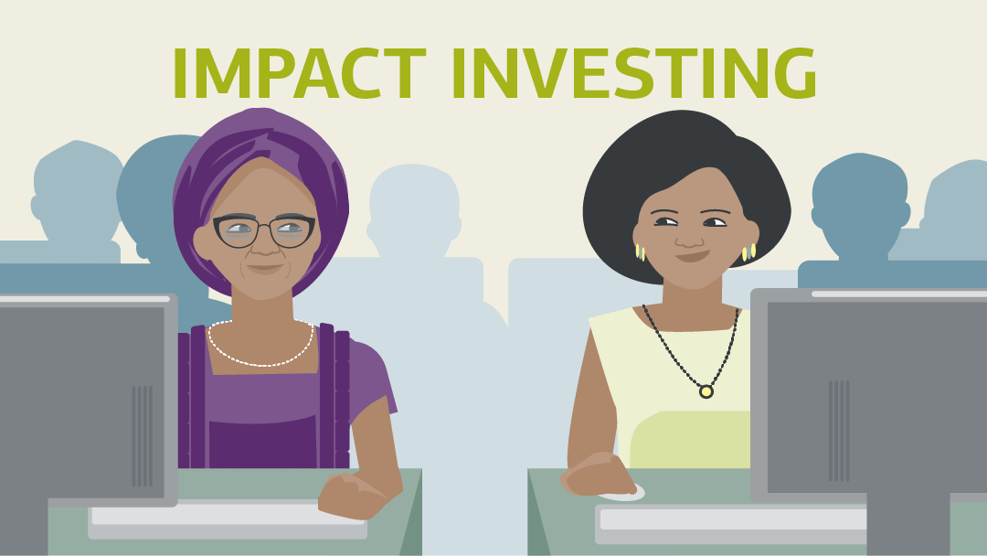 Illustration zum Thema Impact Investing: zwei junge Frauen arbeiten am Computer