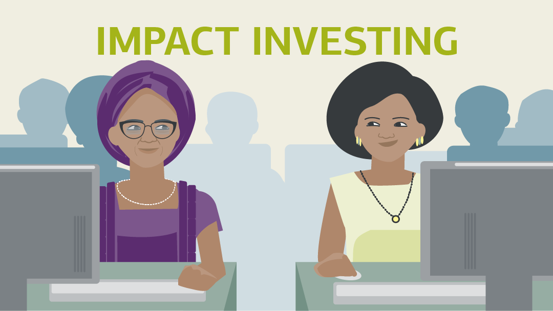 Illustration for "Impact Investing": two women sit behind computers