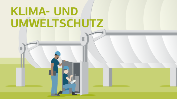 Illustration zum Thema Klima- und Umweltschutz: Zwei Arbeiter an solarthermischen Großanlagen