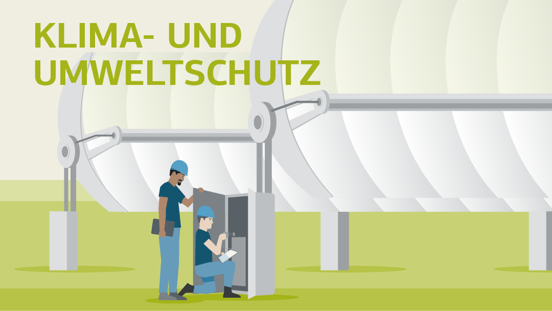 Illustration zum Thema Klima- und Umweltschutz: Zwei Arbeiter an solarthermischen Großanlagen