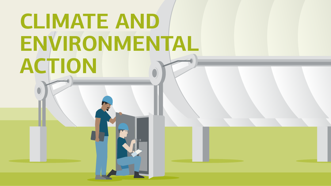 Illustration zum Thema Klima- und Umweltschutz: Zwei Arbeiter an solarthermischen Großanlagen