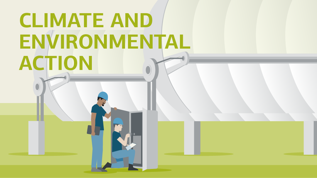 Illustration for climate and environmental action: Two workers at large-scale solar thermal plants