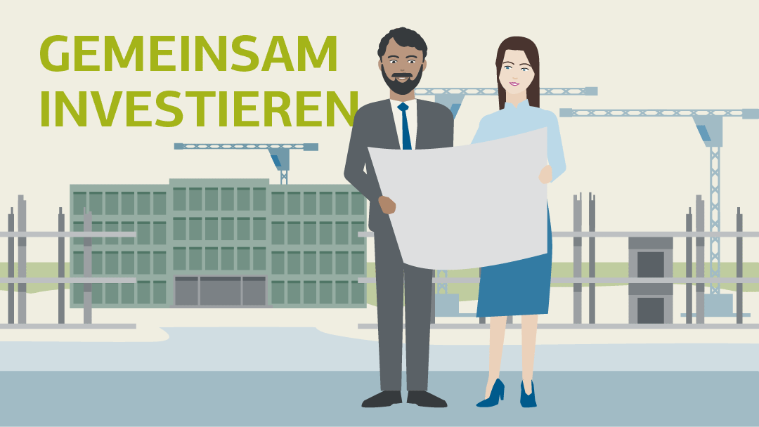 Illustration zum Thema institutionelle Investoren: ein Mann und eine Frau betrachten gemeinsam ein Projektpapier