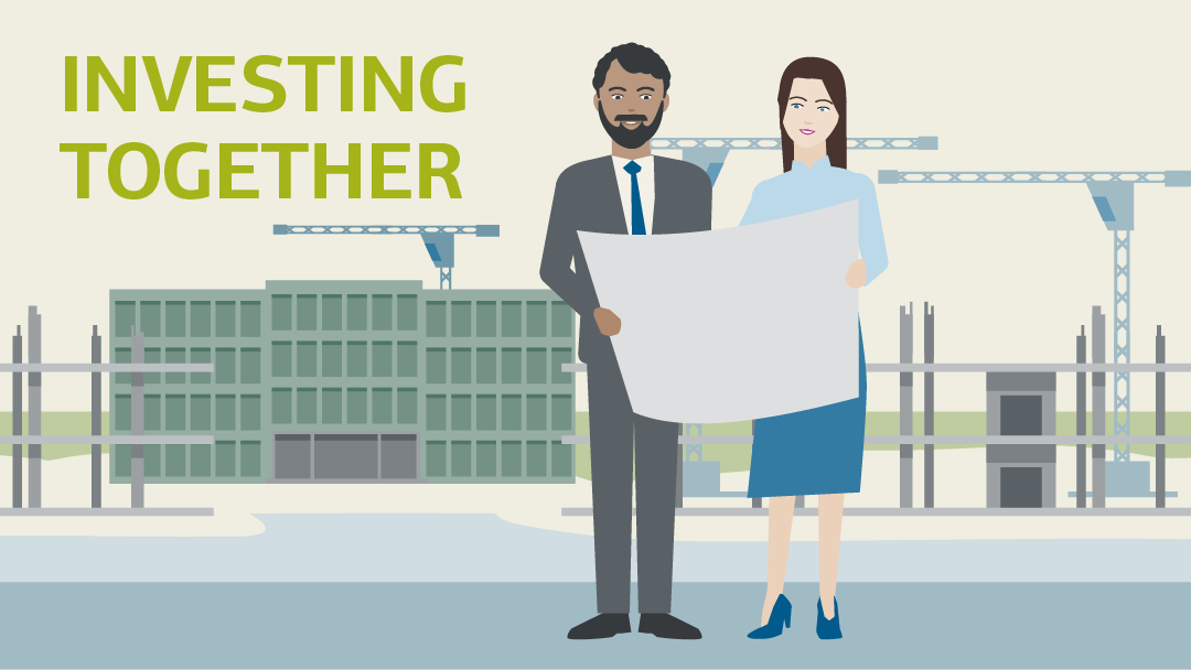 Illustration for "investing together": a man and a woman look at a large paper