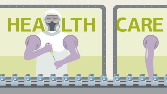Illustration for health care: a laboratory worker fills vaccine in small bottles