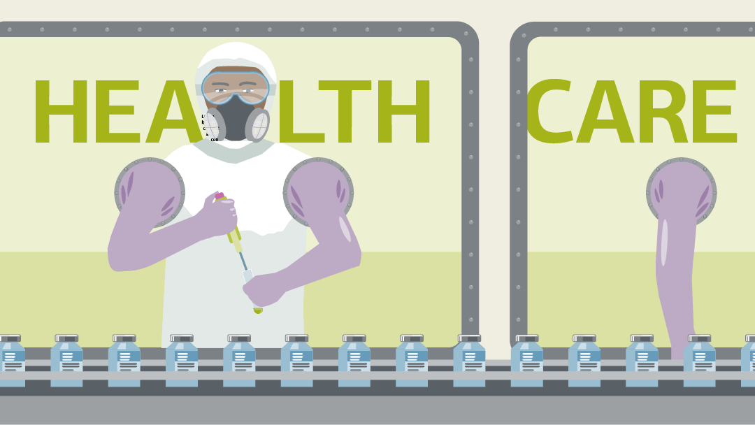 Illustration zum Thema Gesundheit: ein Produktionsmitarbeiter füllt Impfstoffe in Fläschchen