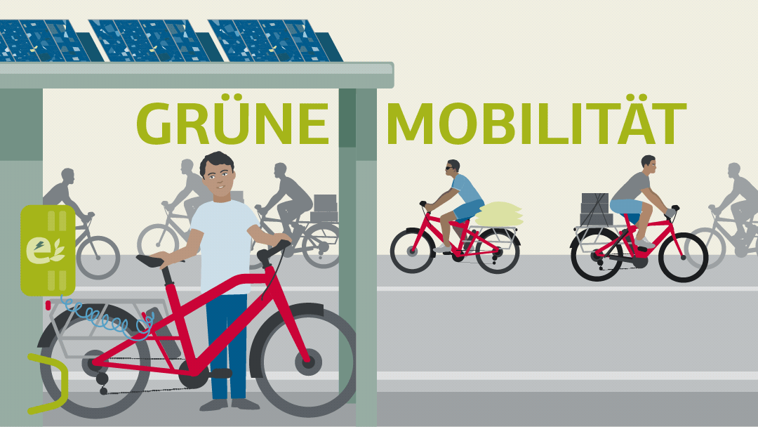Illustration zu Grüner Mobilität: Personen auf Fahrräder, vorne lädt ein E-Bike