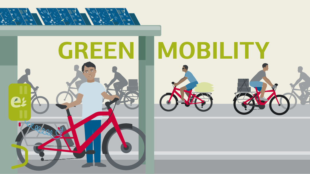 Illustration for "Green mobility": people on bikes, a e-bike is charging