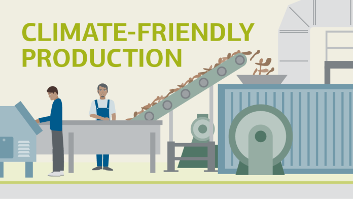 Illustration for climate-friendly production: two workmen at a conveyer belt