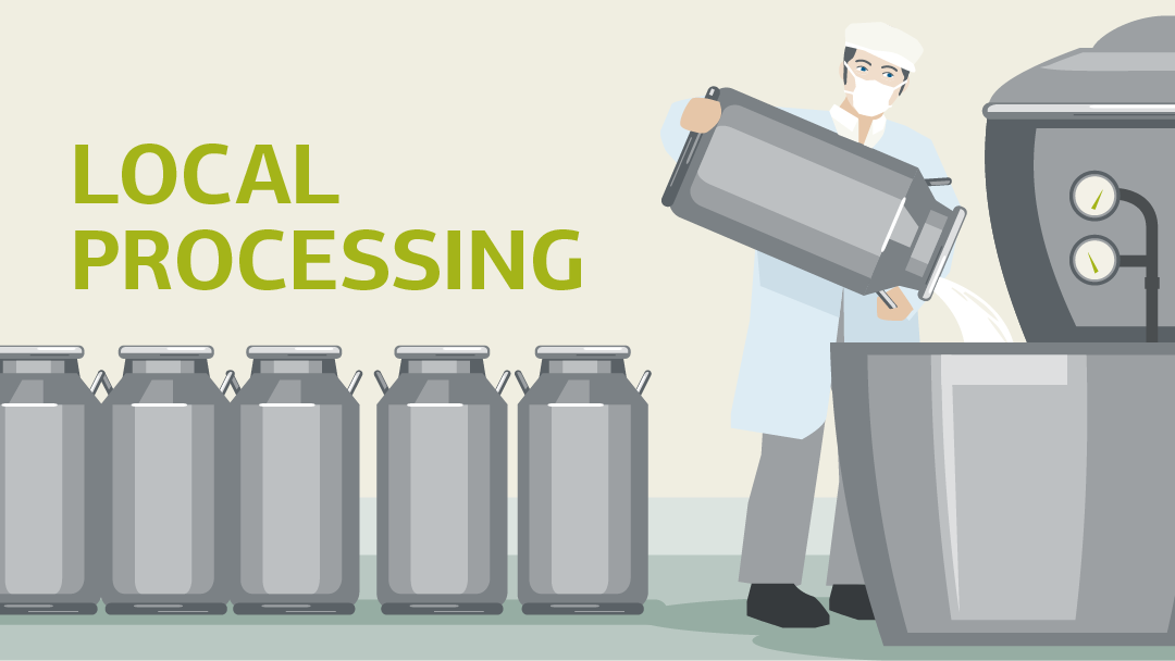 Illustration for "localprocessing": a workman fills milk in a bottling plant