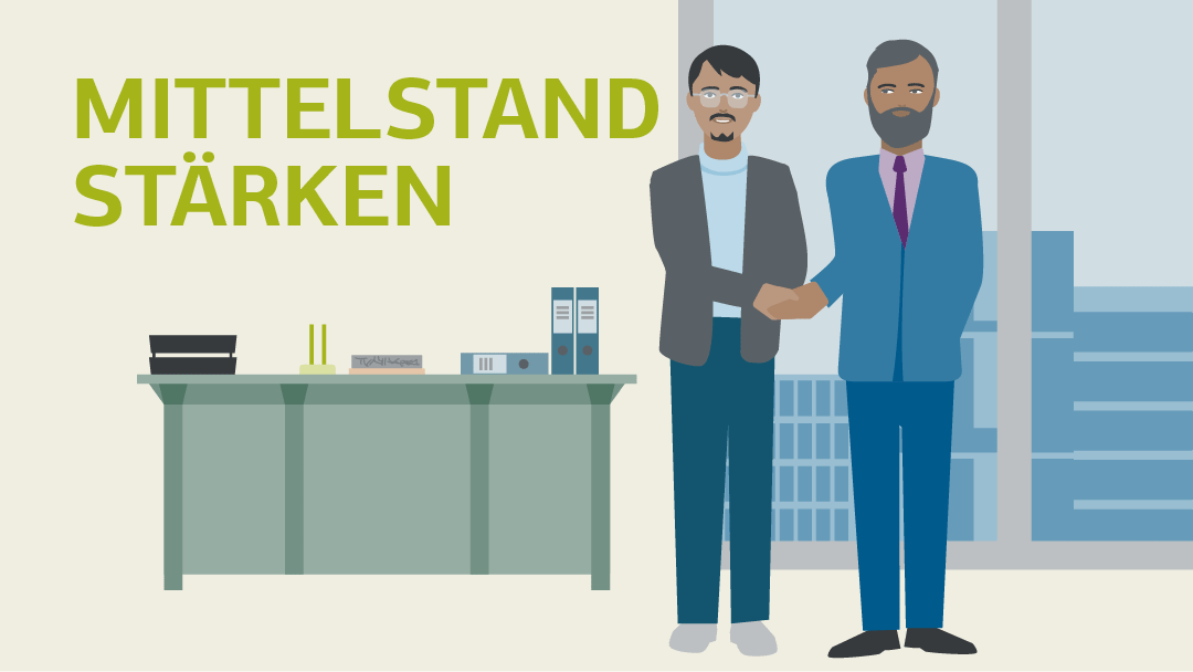 Illustration zu Mittelstand stärken: Zwei Personen schütteln Hände im Büro