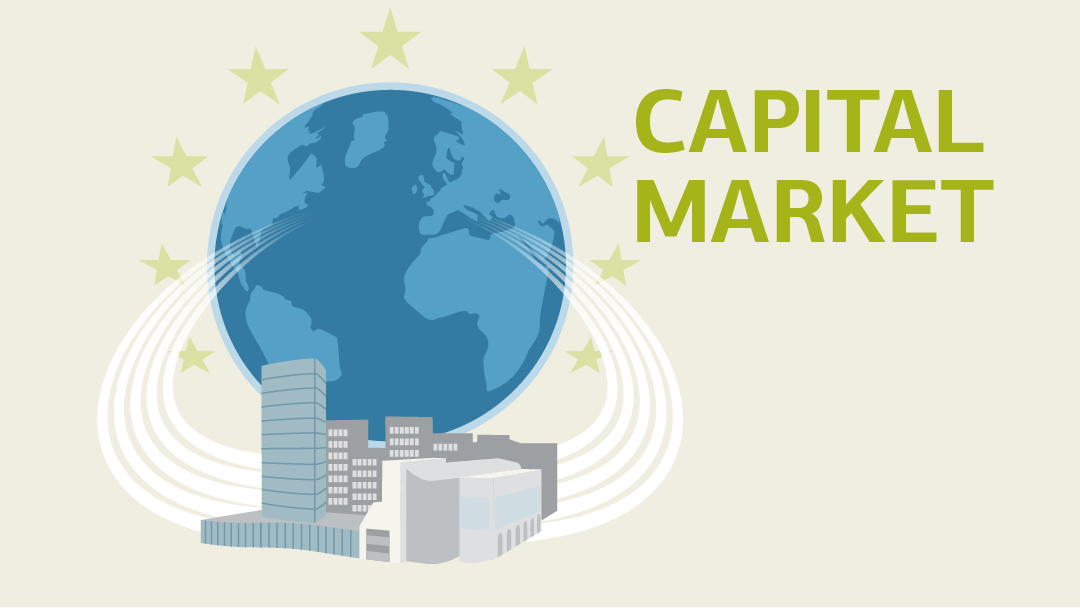 Illustration zu Kapitalmarkt: Bürogebäude vor einer Weltkugel umgeben von den Sternen der EU
