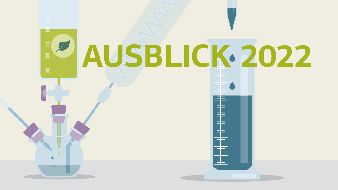 Illustration zum Ausblick 2022: Ein Messbecher, eine Pipette und ein Kolben.