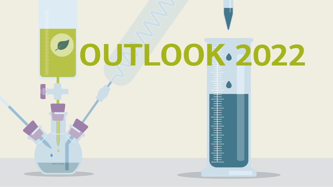 Illustration for "outlook 2022": measuring cup, pipette, flask