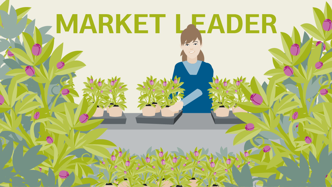 Illustration for "market leader": a woman behind a counter, surrounded by plants