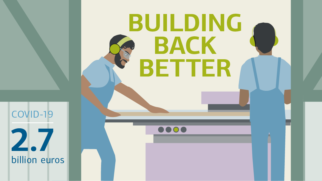 Illustration zu Building back better: zwei Arbeiter stehen an einer Industrie-Säge. Text: COVID-Maßmahmen, gefördert mit 2,7 Mrd. EUR