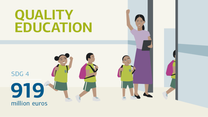 Illustration for "quality education": kids with schoolbags are running in a building, a teacher is waiting for them at the door