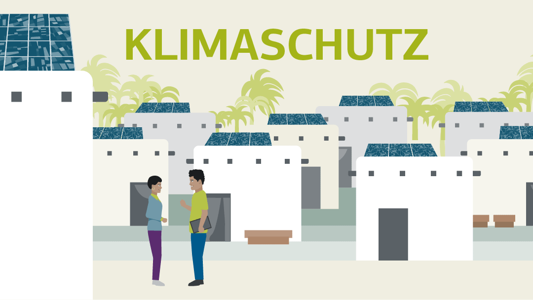 Illustration zum Klimaschutz: Zwei Personen vor Häusern mit Solarmodulen