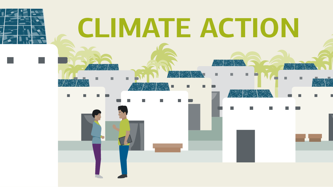 Illustration for "climate action": two people in front of buildings, solar panels are placed in the buildings