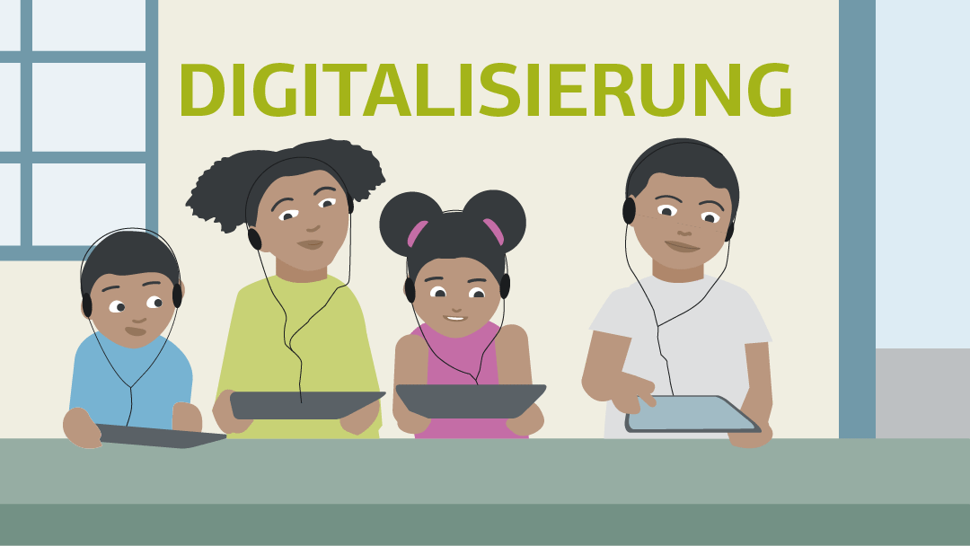 Illustration zu Digitalisierung: vier Kinder sitzen mit Tablets auf dem Boden und hören über Kopfhörer