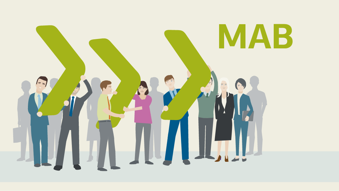 Illustration Mitarbeitendenbefragung: Mitarbeitende stehen zusammen, drei halten das KfW-Logo