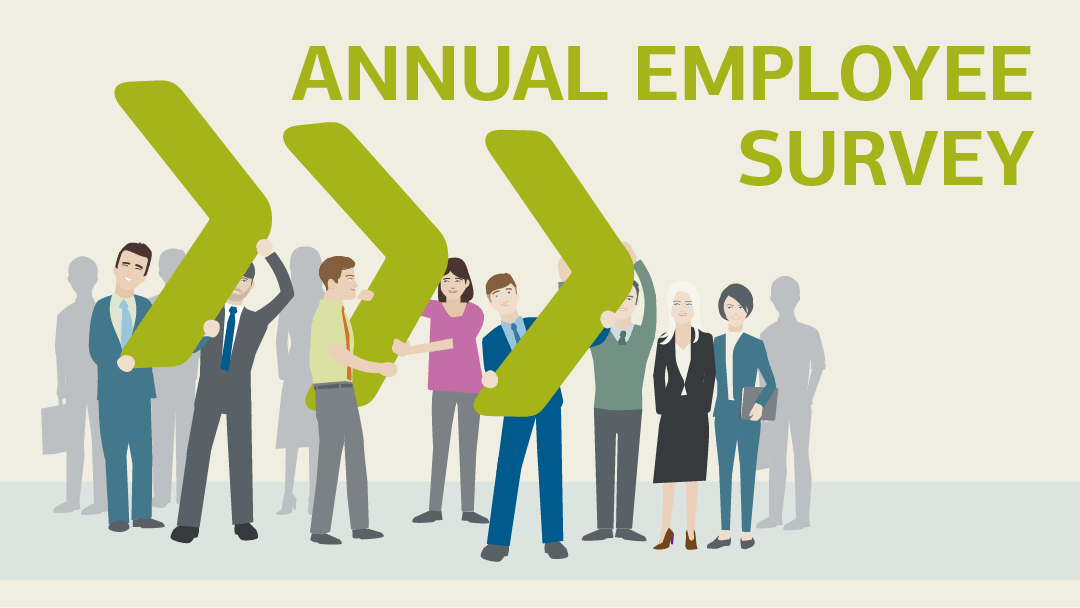 Illustration for "annual employee survey": a group of employees stands together, 3 of them hold the logo of KfW