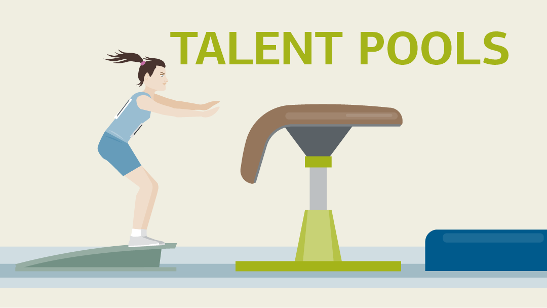 Illustration for "talent pools": a woman jumps over a springbok