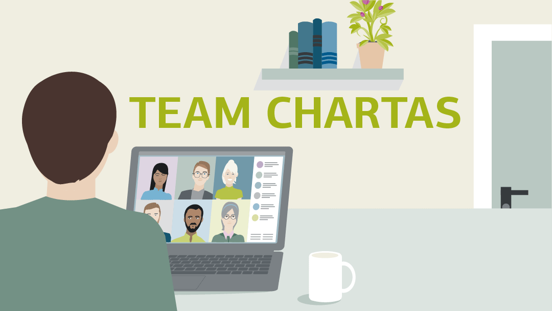 Illustration zu Team Chartas: Ein Mann sitzt vor einem Laptop und nimmt an einer Videokonferenz teil.