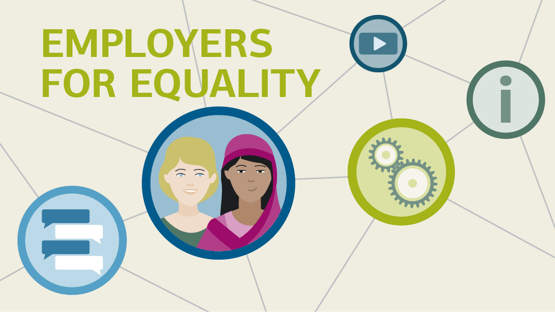 Illustration zu Employers for Equality: Ein Netzwerk aus fünf runden Symbolfeldern