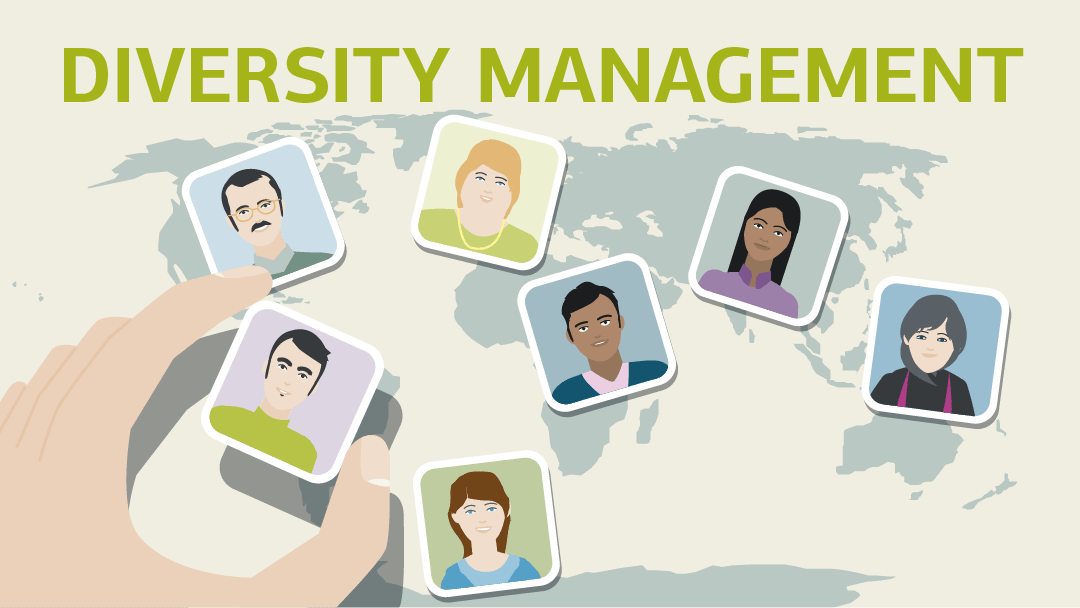 Illustration for "diversity management": portraits of people with different backgrounds are placed over a world map