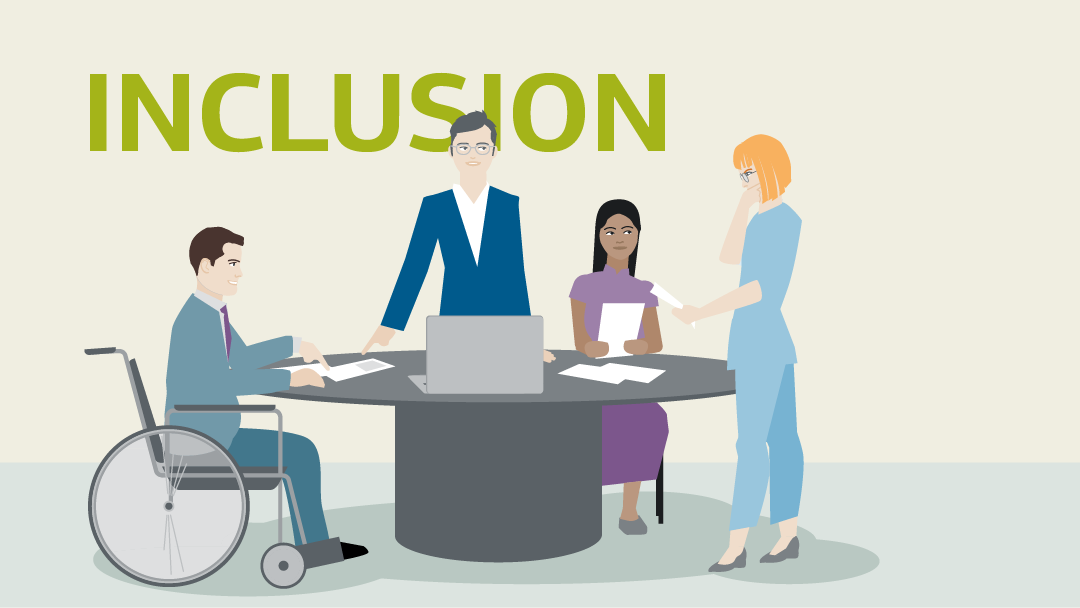 Illustration for "inclusion": collegues with and without disabilities are sitting/standing around a table