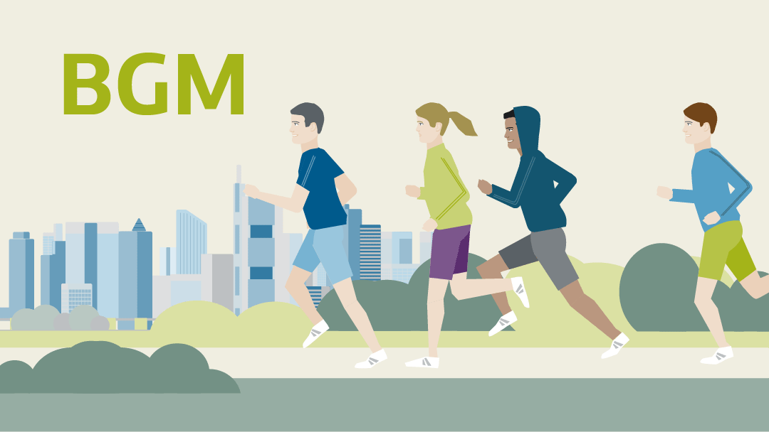 Illustration zu Betrieblichem Gesundheitsmanagement (BGM): vier Personen joggen, im Hintergrund die Skyline von Frankfurt