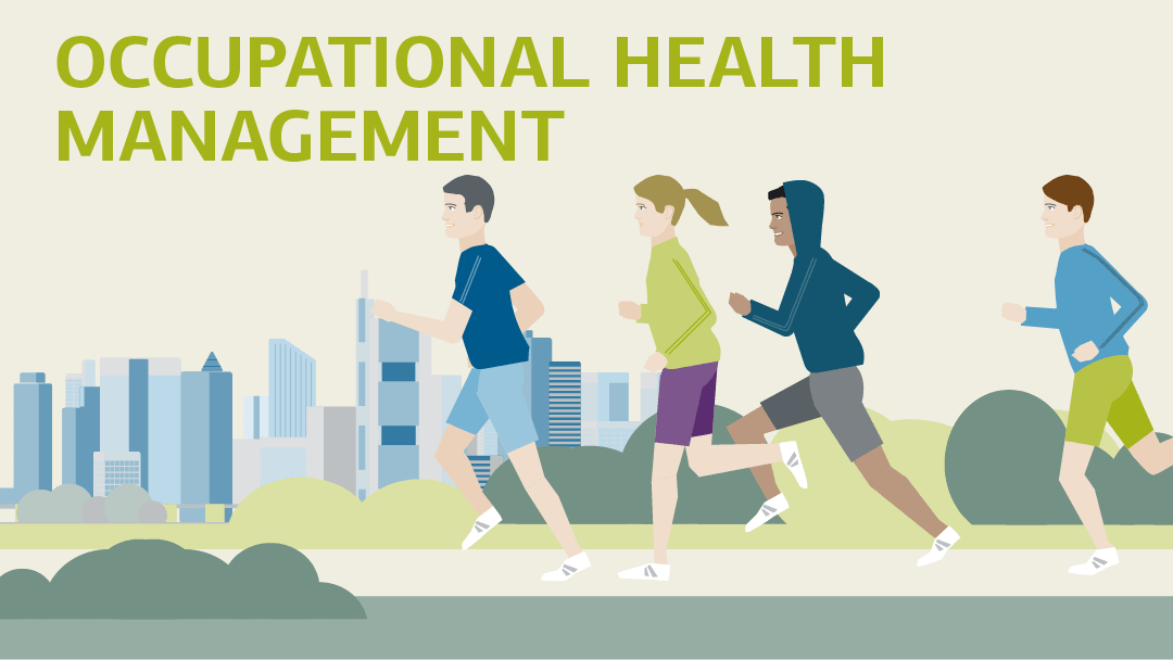 Illustration for "occupational health management" (Betriebliches Gesundheitsmanagement, BGM): people are jogging, skyline of Frankfurt in the back