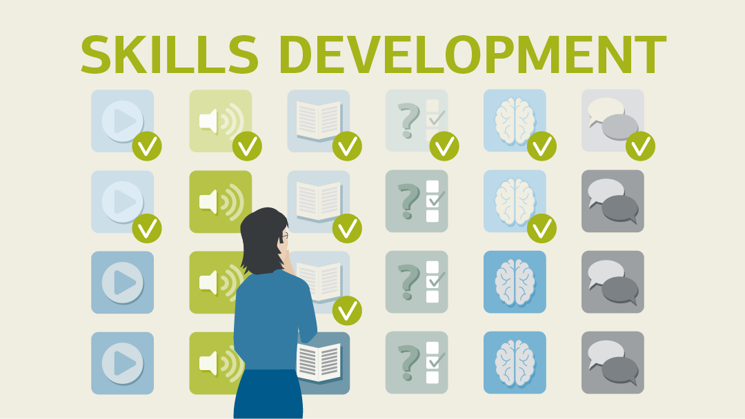 Illustration for "skills development": a woman stands in front of icons ilustrating the different virutal learning and training offering