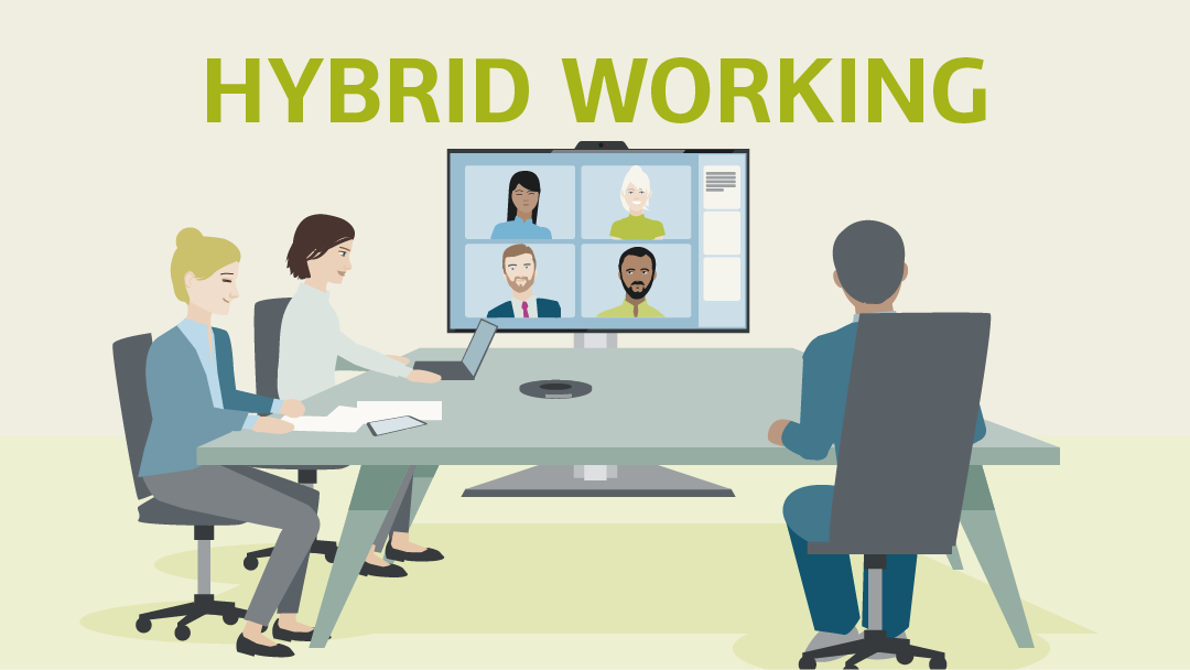 Illustration for "hybrid working": a meeting in presence and via video call
