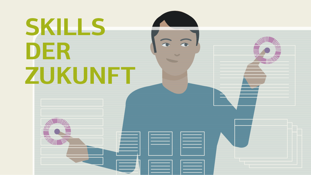 Illustration zu Skills der Zukunft: Mann hinter einer virtuellen Anzeigetafel