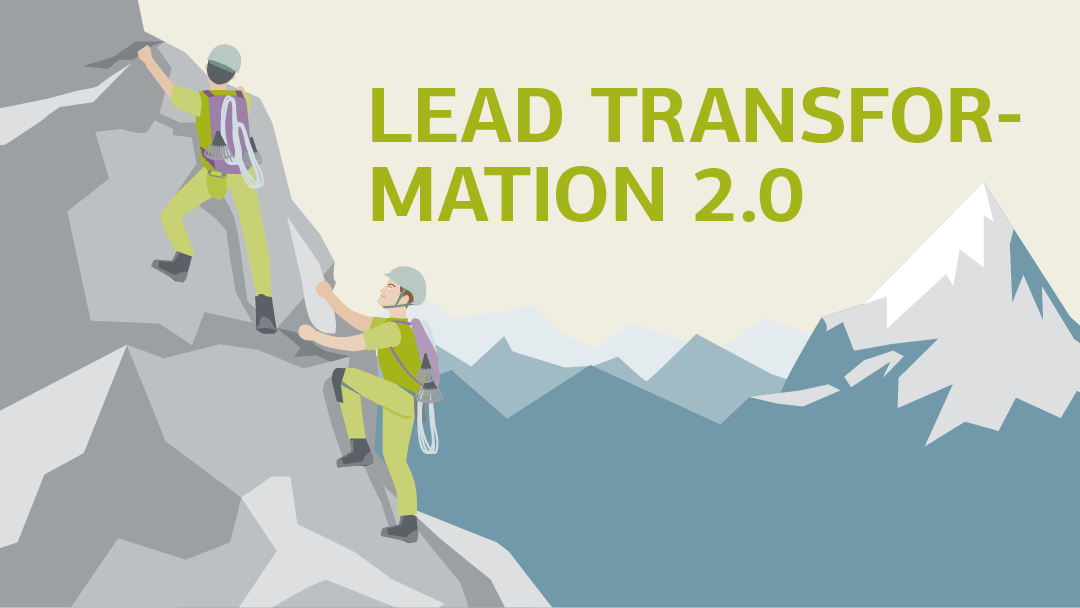Illustration zu Lead Transformation 2.0: Zwei Personen klettern einen Berg hoch.