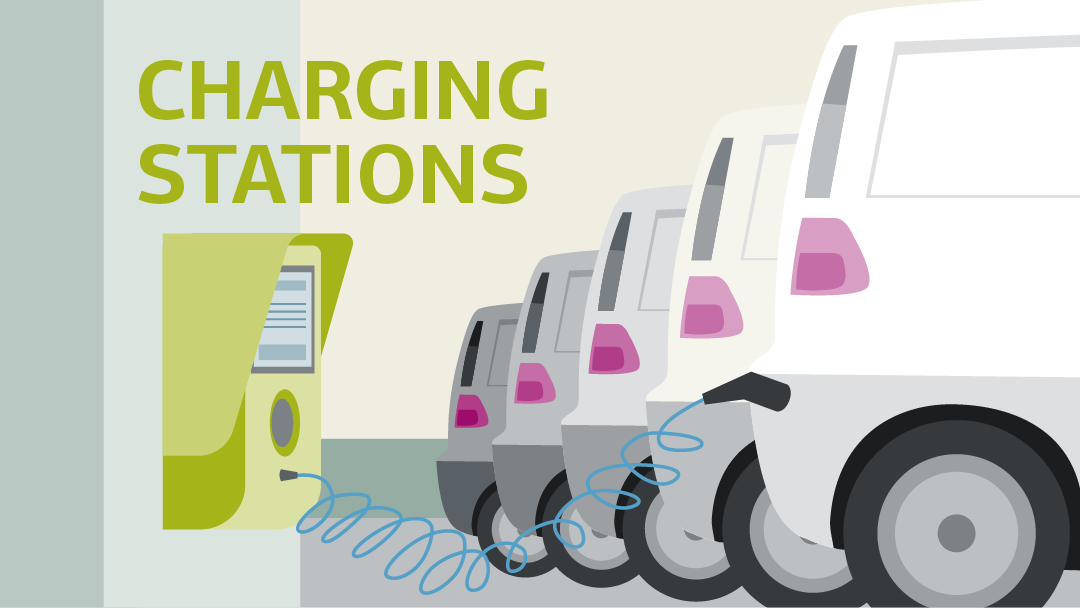 Illustration of charging stations: transporters are placed in front of a charging station, one is charging