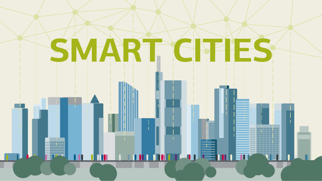 Illustration zu Smart Cities: Hochhäuser sind durch ein digitales Netzwerk verbunden.