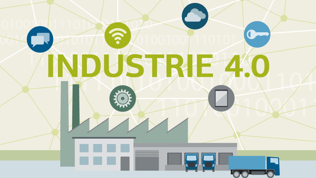 Illustration zu Industrie 4.0: Ein Industriegebäude, Lkws und ein Netzwerk mit fünf Symbolen