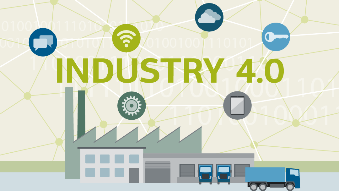 Illustration of industry 4.0: an industrial building, lorries and a network with 5 symbols