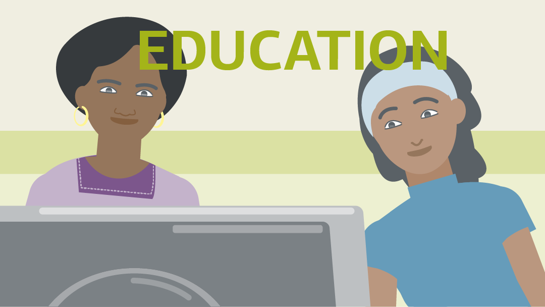 Illustration of learning: two girls sit in front af a computer