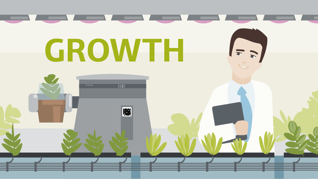 Illustration zum Thema Wachstum: Ein Wissenschaftler steht in einem botanischen Labor. Ein Roboter hebt eine der verkabelten Pflanzen nach oben.